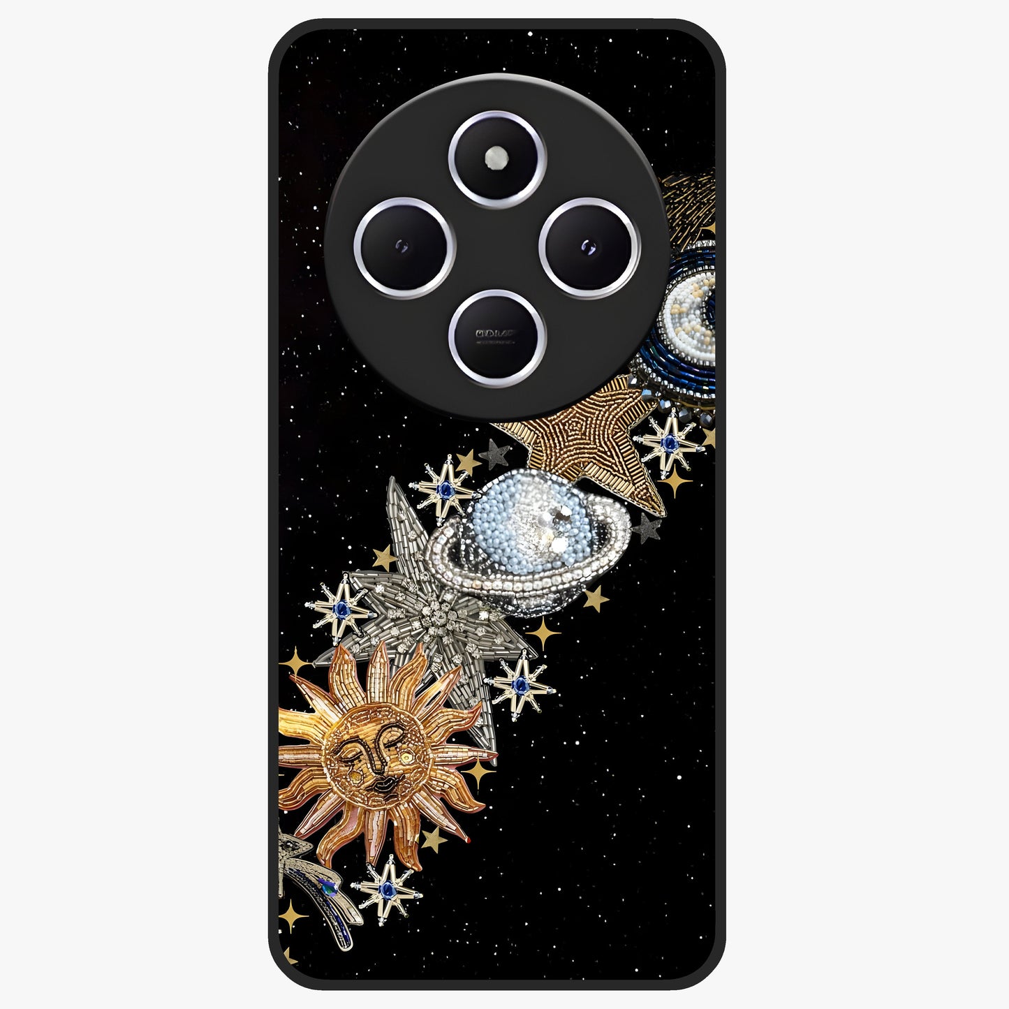 Pearls Universe Object Glass Case showing flat back view with pearl inspired cosmic artwork and glossy glass finish.