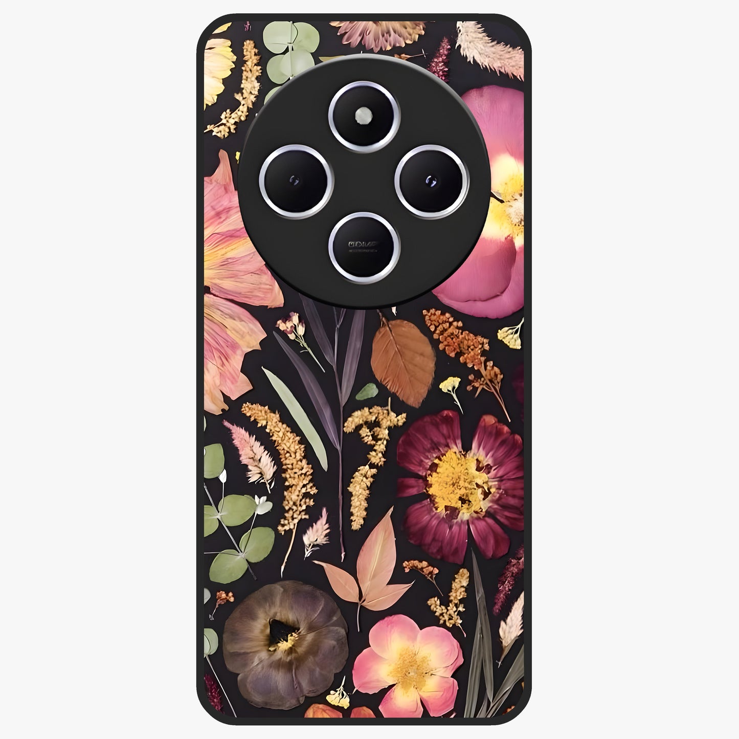 Petal Dream Tapestry Glass Case showing flat back view with intricate floral tapestry artwork and glossy glass finish.
