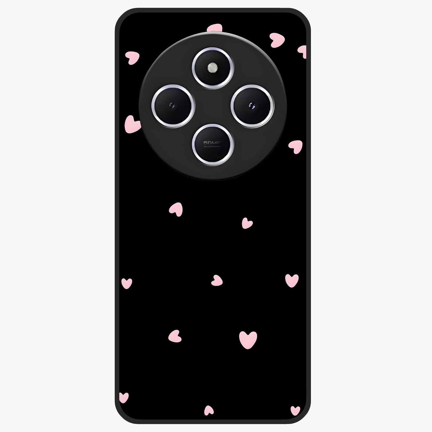Pink Love Drops Glass Case showing flat back view with playful pink heart drops artwork and glossy glass finish.
