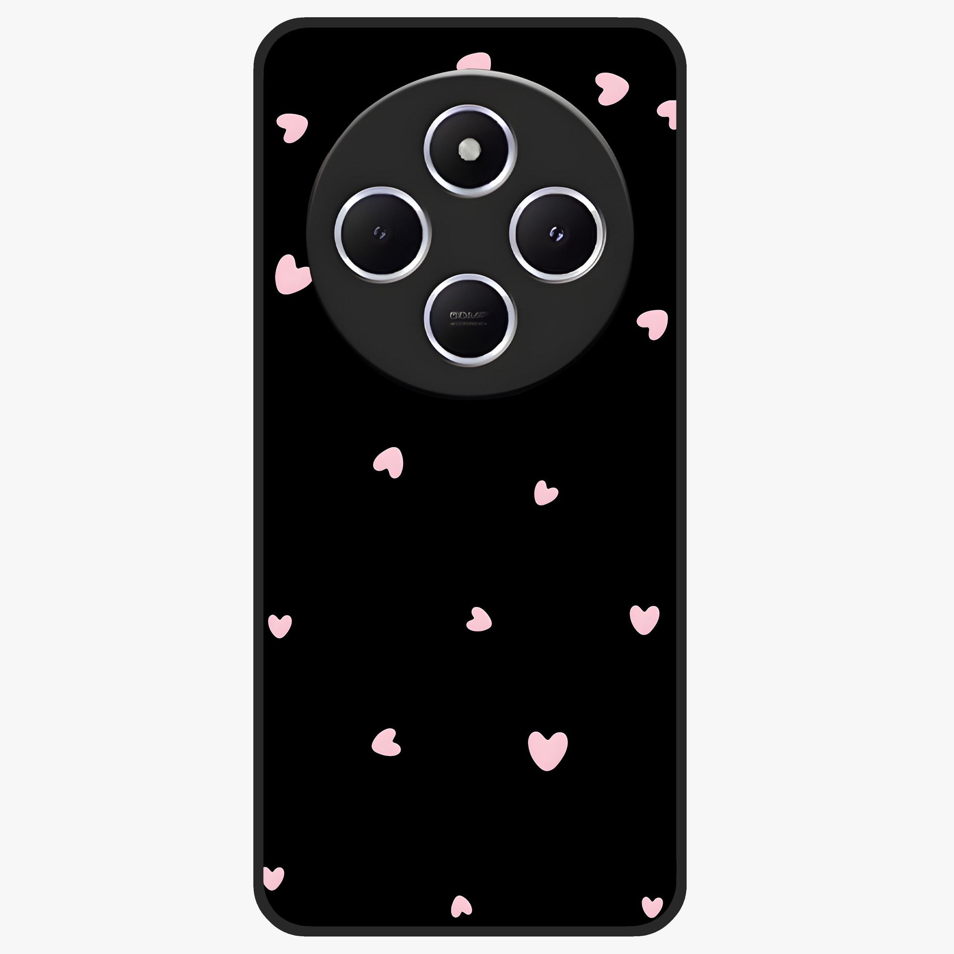 Pink Love Drops Glass Case showing flat back view with playful pink heart drops artwork and glossy glass finish.