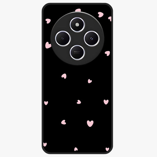 Pink Love Drops Glass Case showing flat back view with playful pink heart drops artwork and glossy glass finish.