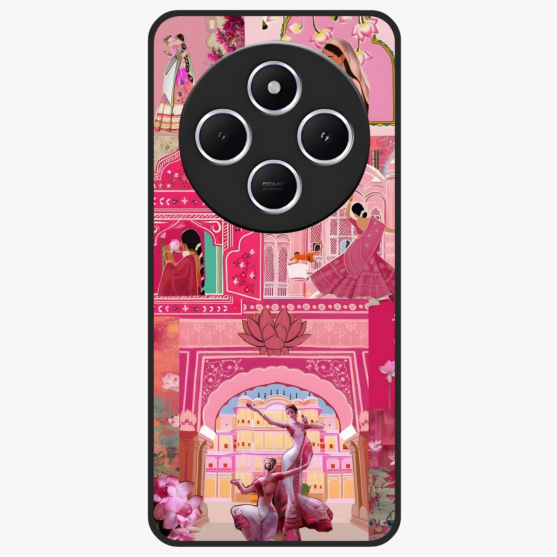 Pink Palace Muse Glass Case showing flat back view with elegant palace inspired artwork and glossy glass finish.