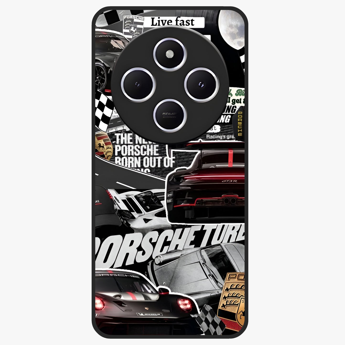 Porsche Racing Collage Glass Case showing flat back view with sports car racing collage artwork and glossy glass finish.