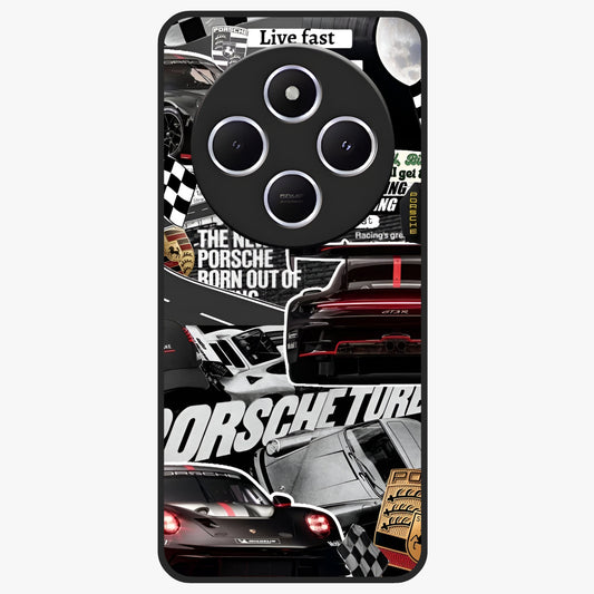 Porsche Racing Collage Glass Case showing flat back view with sports car racing collage artwork and glossy glass finish.