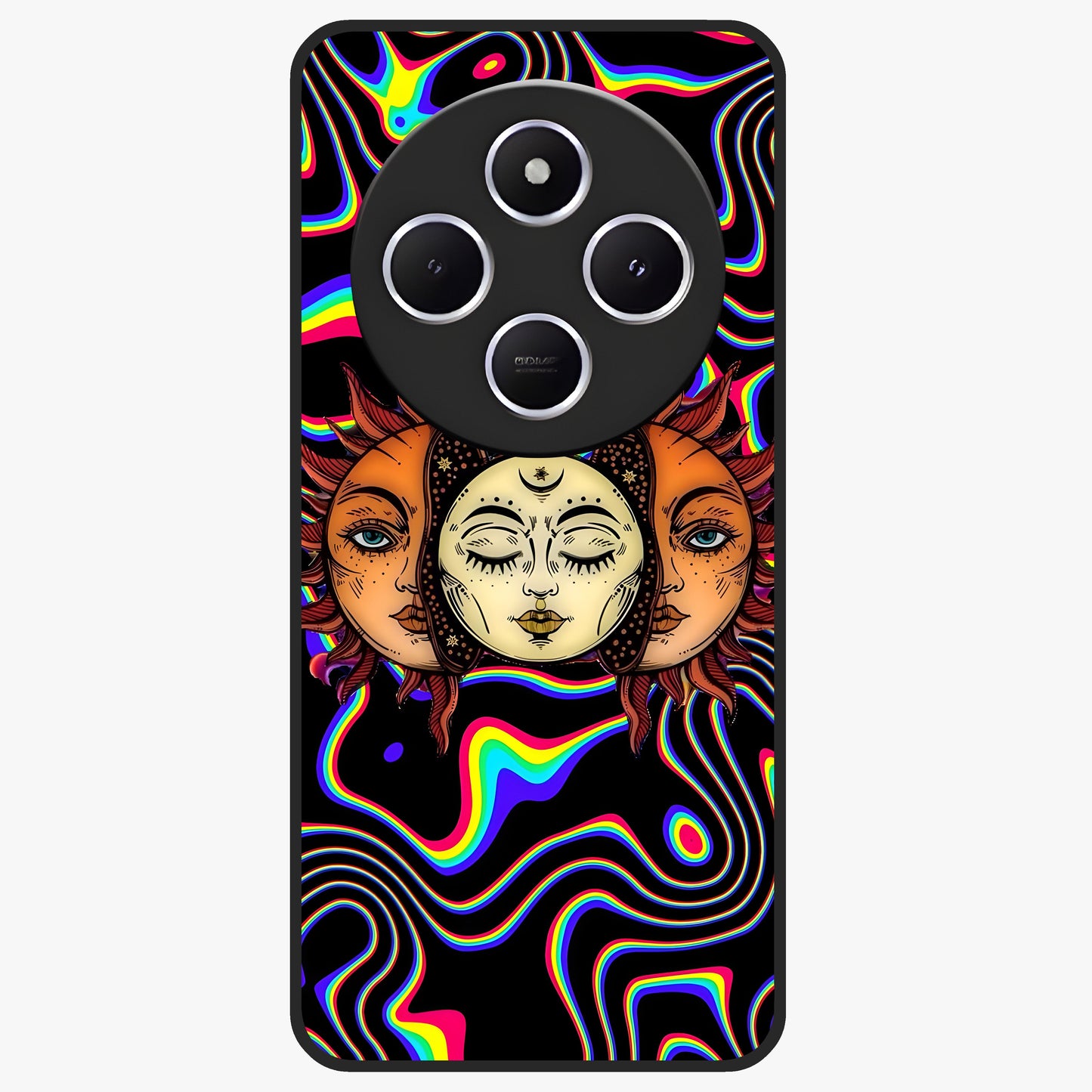 Psychedelic Sun Glass Case showing flat back view with colorful psychedelic sun artwork and glossy glass finish.
