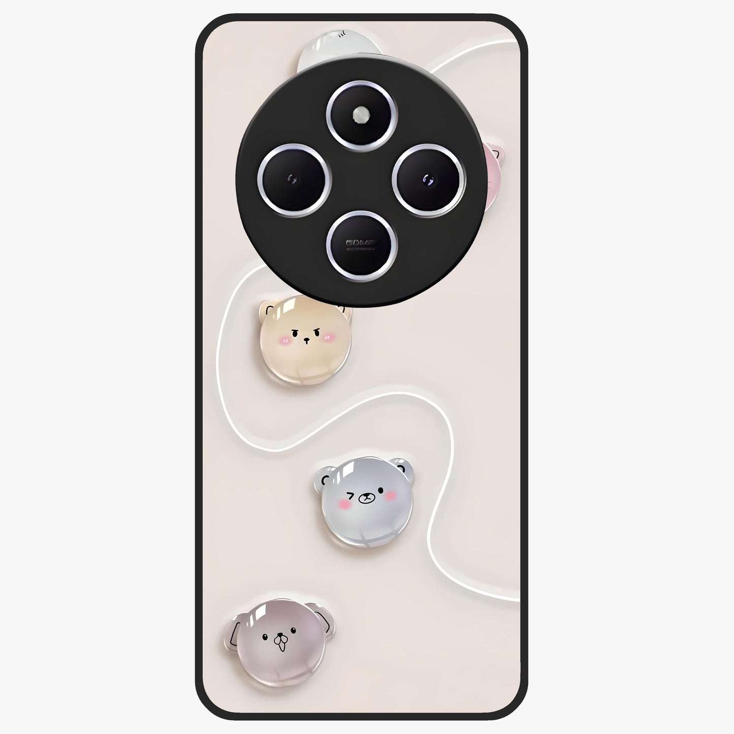 Puffy Face Parade Glass Case showing flat back view with cute puffy character faces artwork and glossy glass finish.