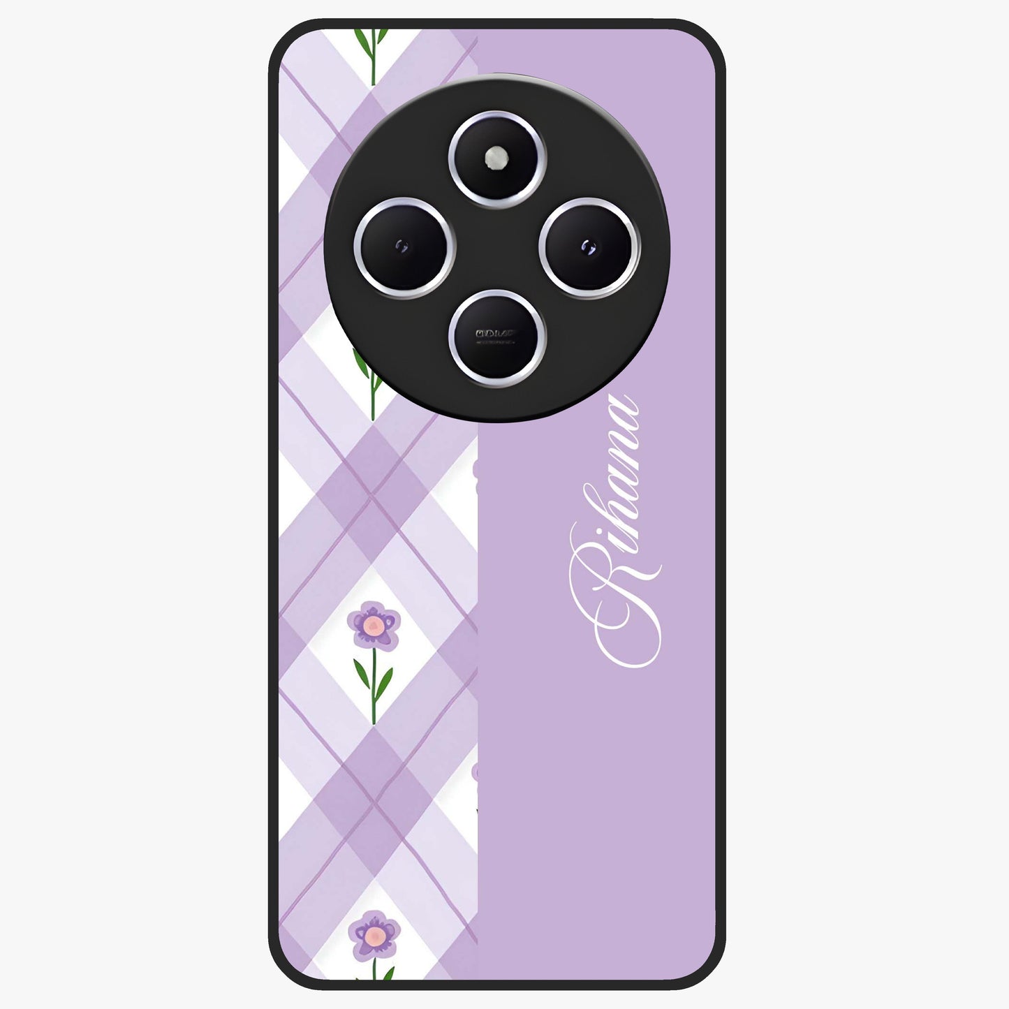 Purple Diamond Floral Glass Case showing flat back view with diamond shaped floral artwork and glossy glass finish.