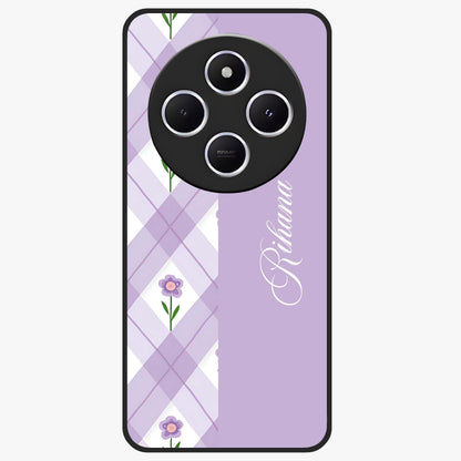 Purple Diamond Floral Glass Case showing flat back view with diamond shaped floral artwork and glossy glass finish.
