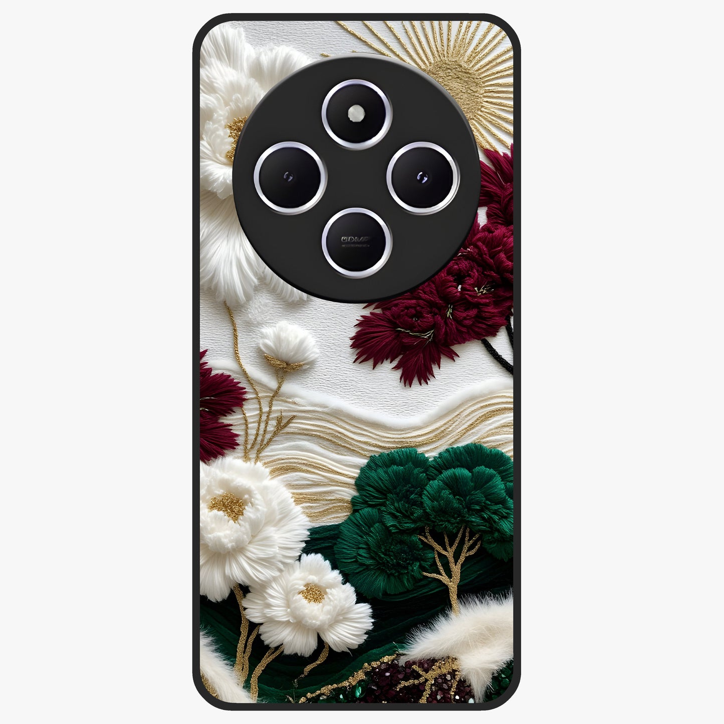 Radiant Bloom Elegance Glass Case showing flat back view with elegant blooming flower artwork and glossy glass finish.