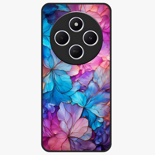 Radiant Floral Whirl Glass Case showing flat back view with swirling floral artwork and glossy glass finish.