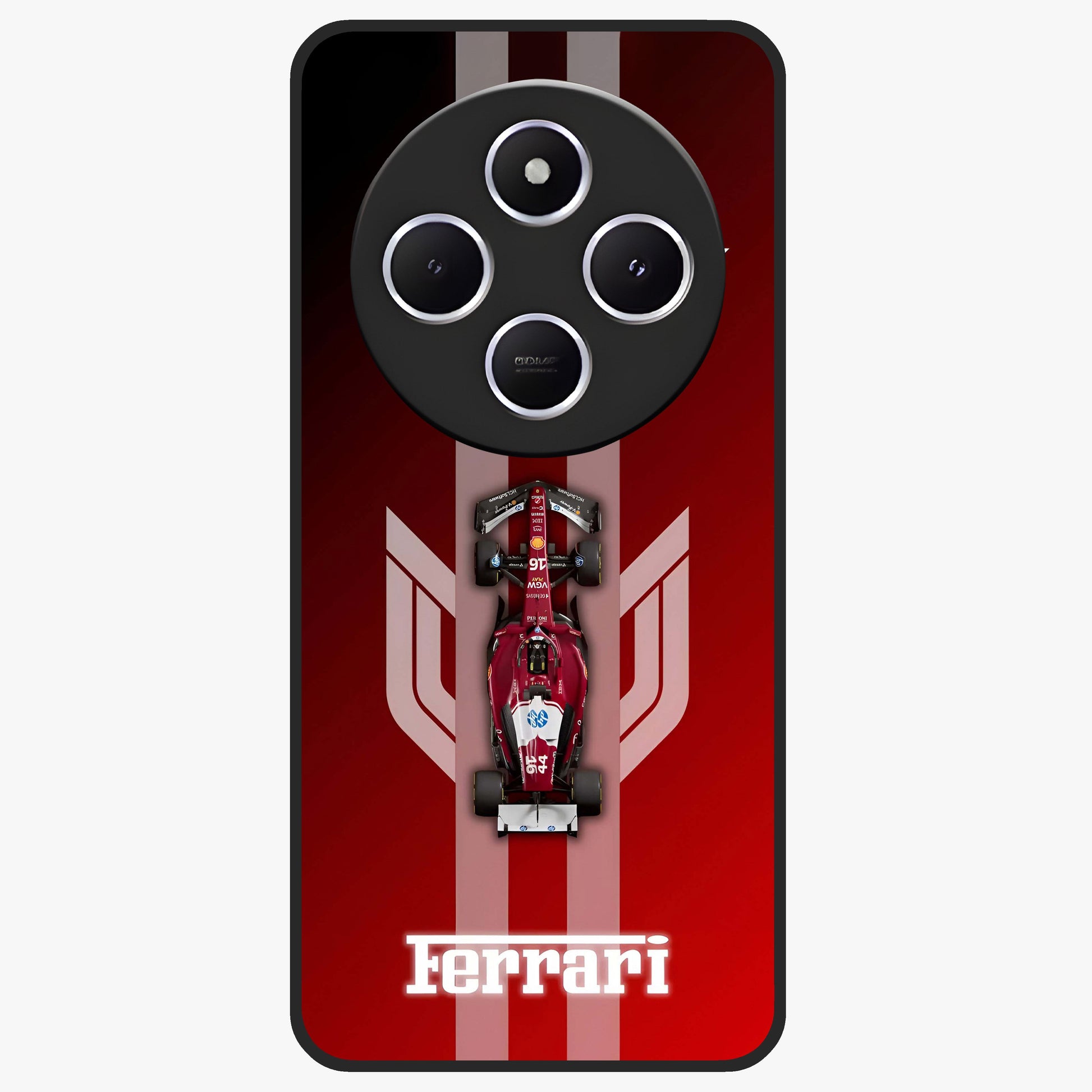 Red Ferrari F1 Vertical Glass Case showing flat back view with sleek Formula racing car artwork and glossy glass finish.