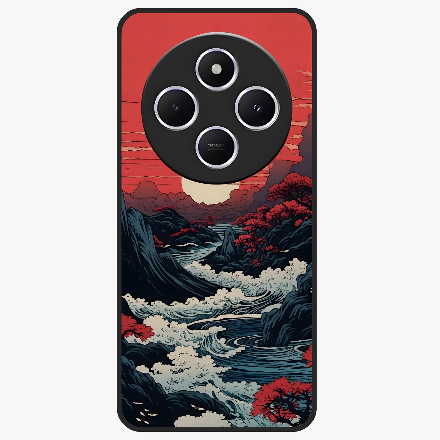 Red Sunset Scenery Glass Case showing flat back view with vibrant sunset landscape artwork and glossy glass finish.