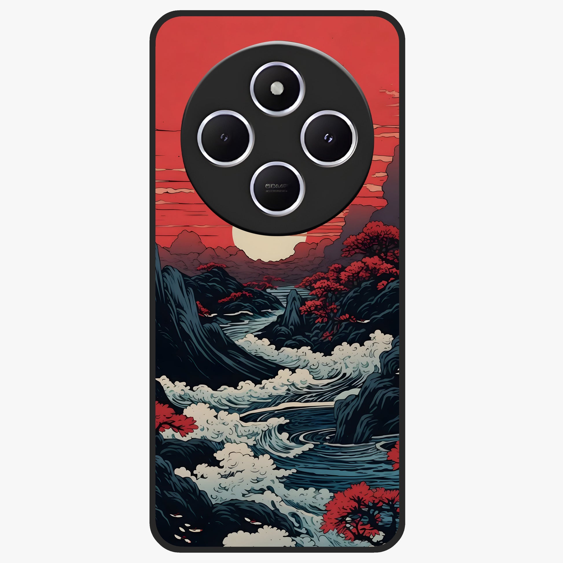 Red Sunset Scenery Glass Case showing flat back view with vibrant sunset landscape artwork and glossy glass finish.