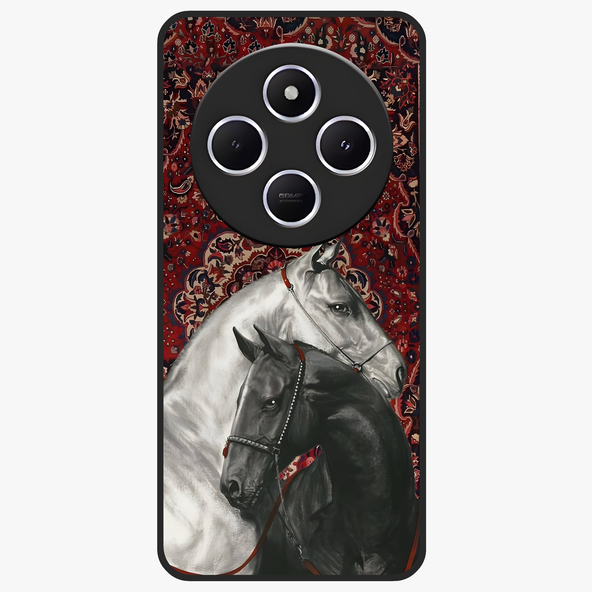 Regal Stallion Tapestry Glass Case showing flat back view with majestic horse tapestry artwork and glossy glass finish.