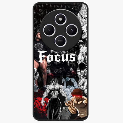 Relentless Power Focus Glass Case showing flat back view with motivational typography artwork and glossy glass finish.