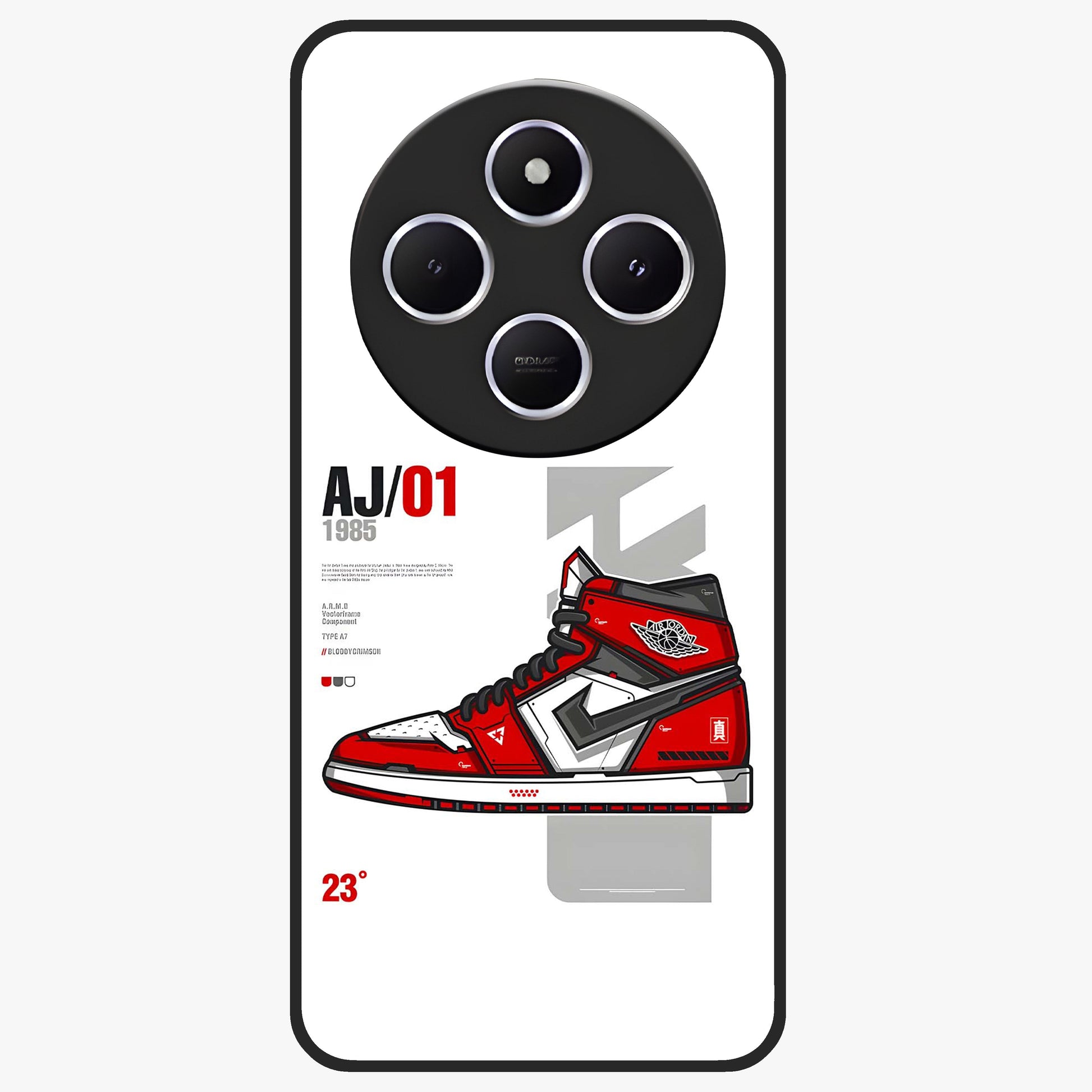 Retro Sneaker Blueprint Glass Case showing flat back view with sneaker blueprint style artwork and glossy glass finish.
