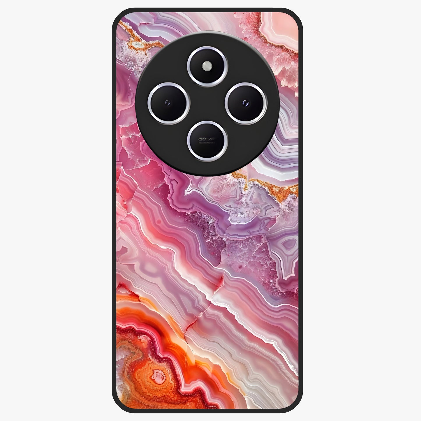 Rose Quartz Marble Glass Case showing flat back view with pink marble quartz texture artwork and glossy glass finish.
