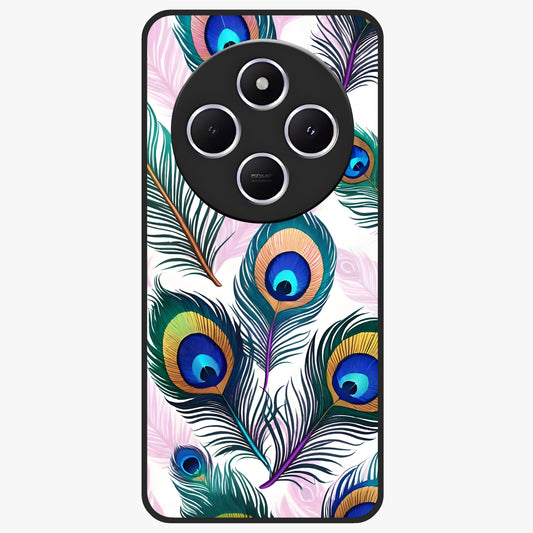 Royal Peacock Feathers Glass Case showing flat back view with colorful peacock feather artwork and glossy glass finish.