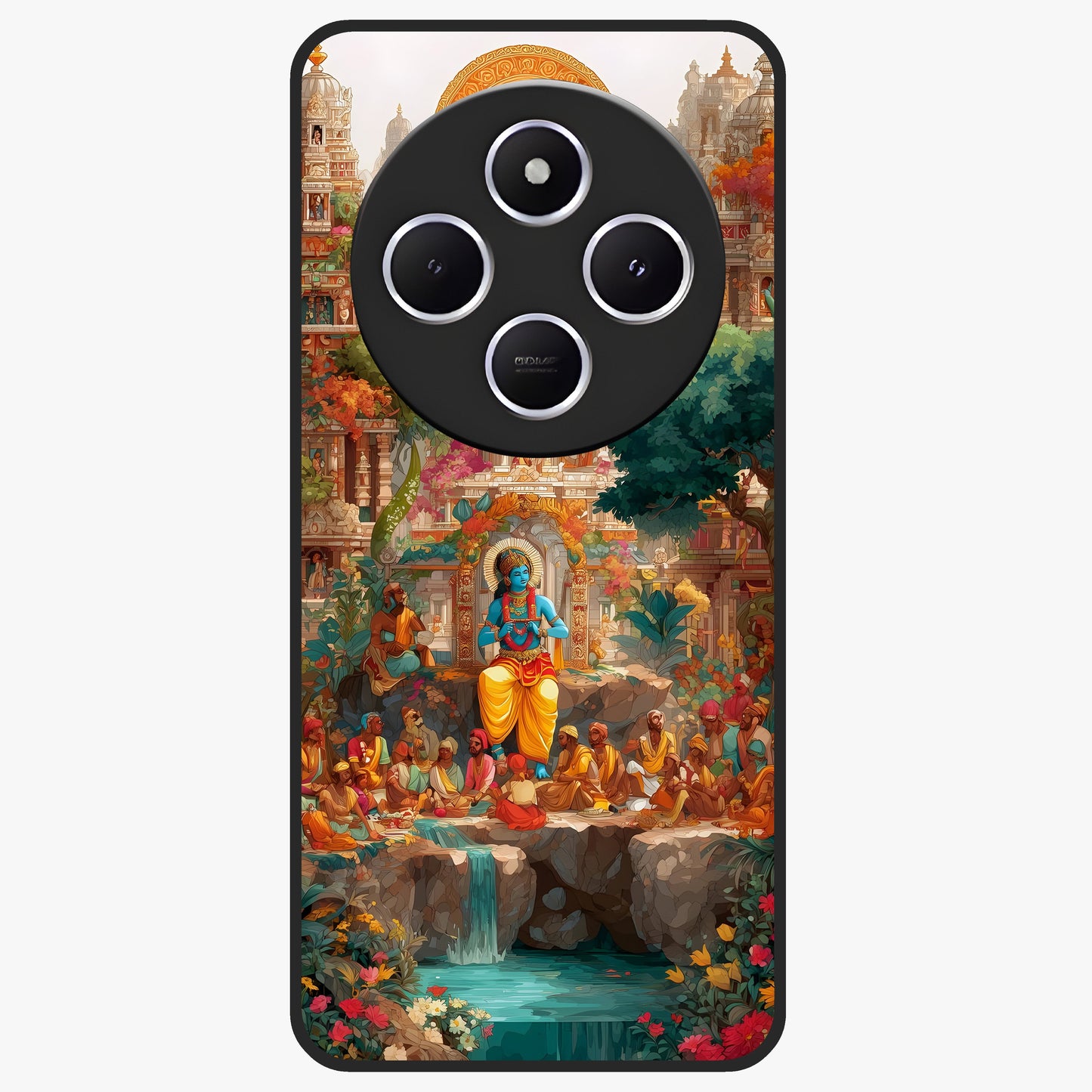 Sacred Sunlight Gods Glass Case showing flat back view with divine sunlight themed artwork and glossy glass finish.