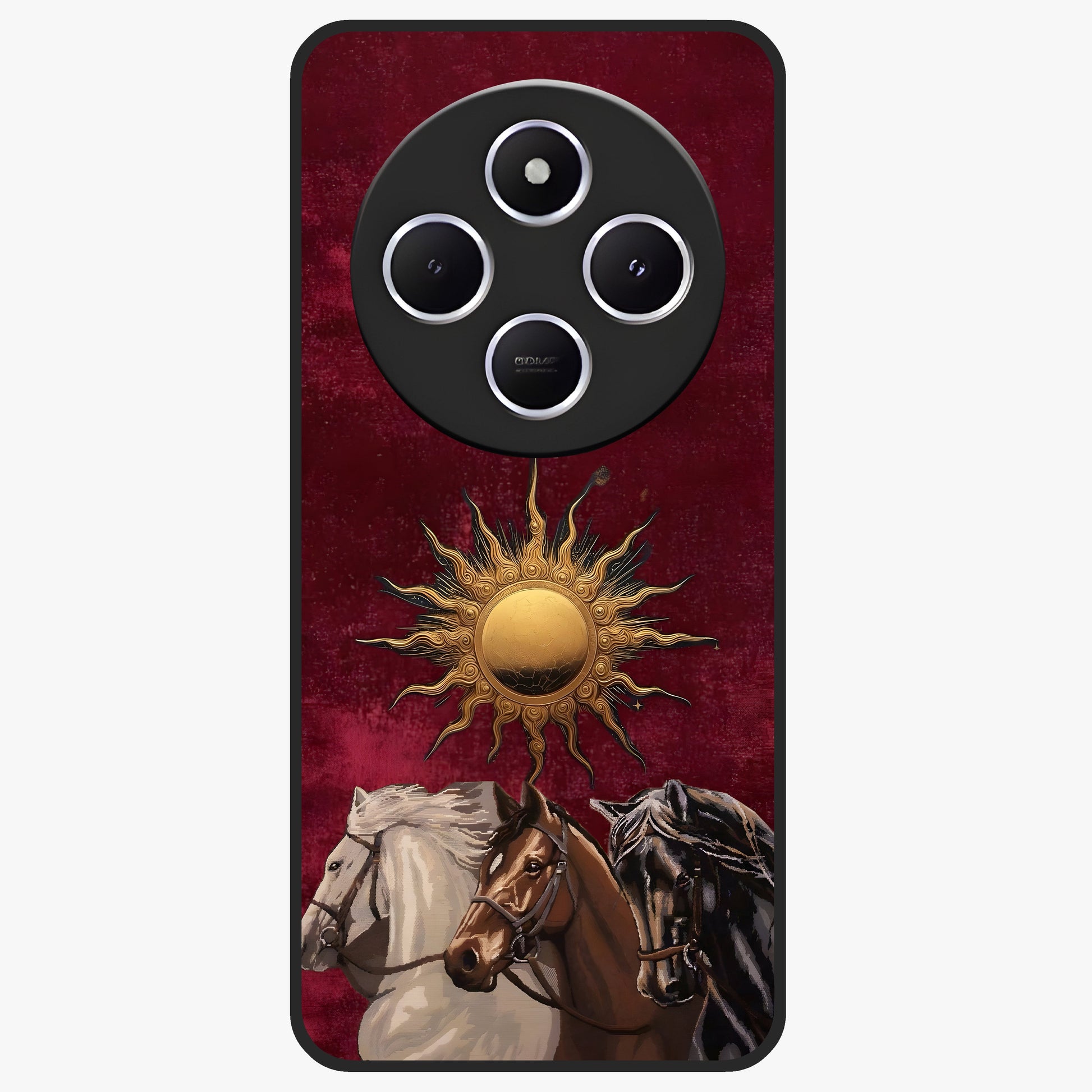 Solar Riders Glass Case showing flat back view with dynamic rider themed artwork and glossy glass finish.