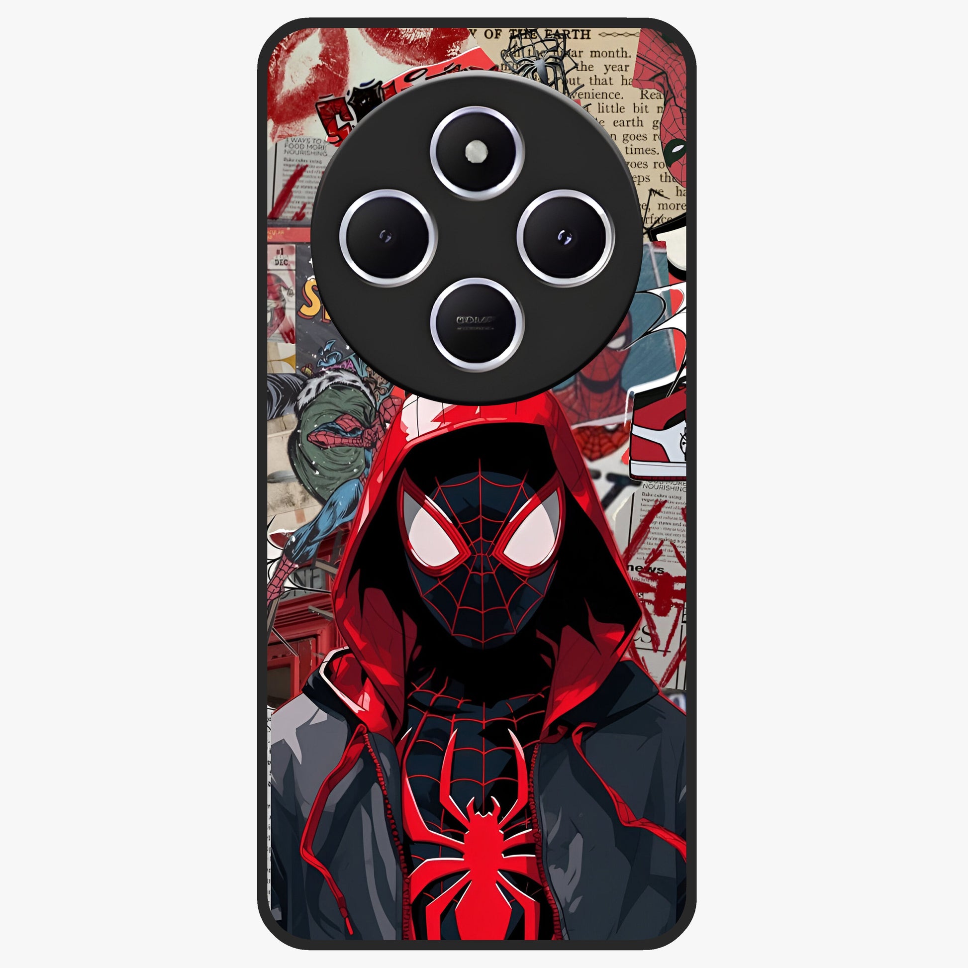 Spider Collage Street Glass Case showing flat back view with vibrant superhero collage artwork and glossy glass finish.