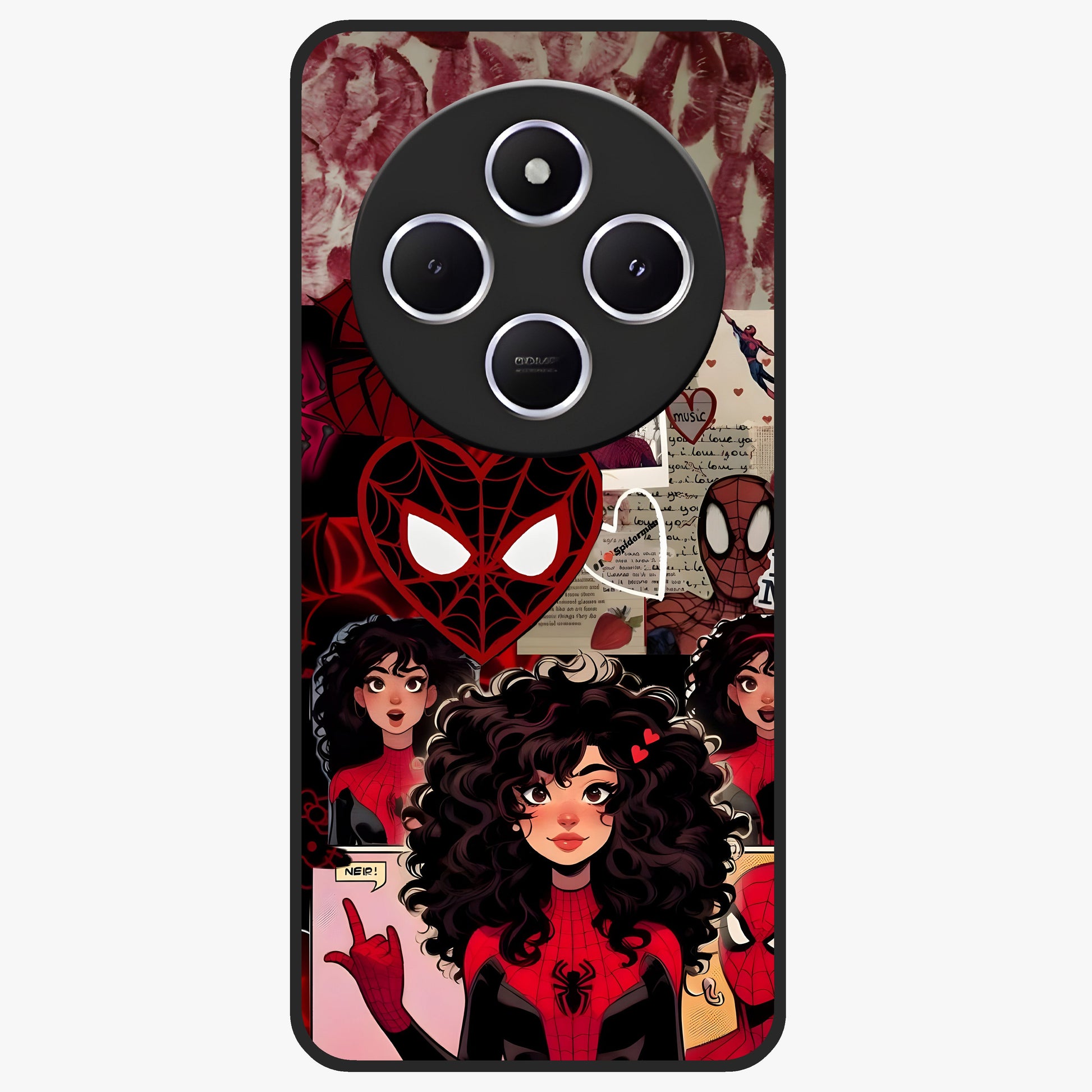 Spider Love Story Glass Case showing flat back view with romantic superhero themed artwork and glossy glass finish.