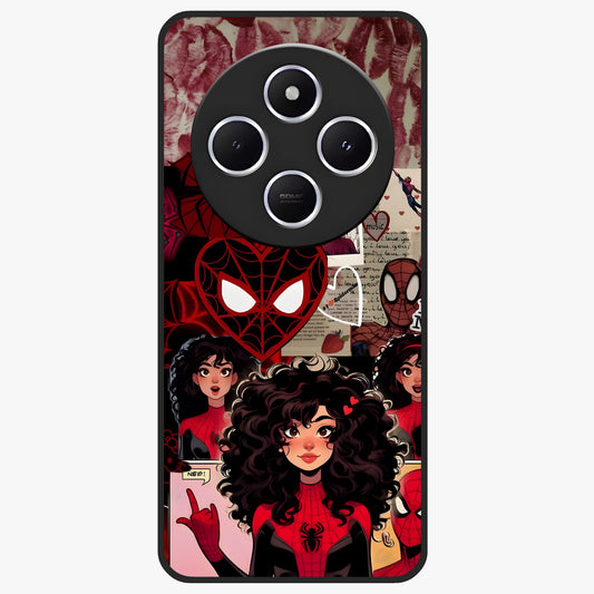 Spider Love Story Glass Case showing flat back view with romantic superhero themed artwork and glossy glass finish.