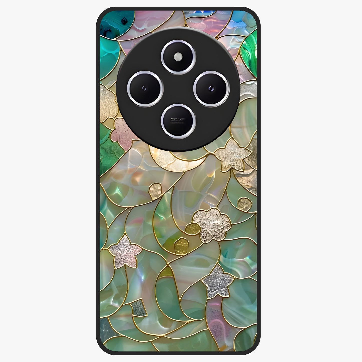 Stained Sunrise Glow Glass Case showing flat back view with glowing sunrise stained pattern artwork and glossy glass finish.