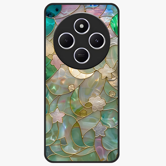 Stained Sunrise Glow Glass Case showing flat back view with glowing sunrise stained pattern artwork and glossy glass finish.