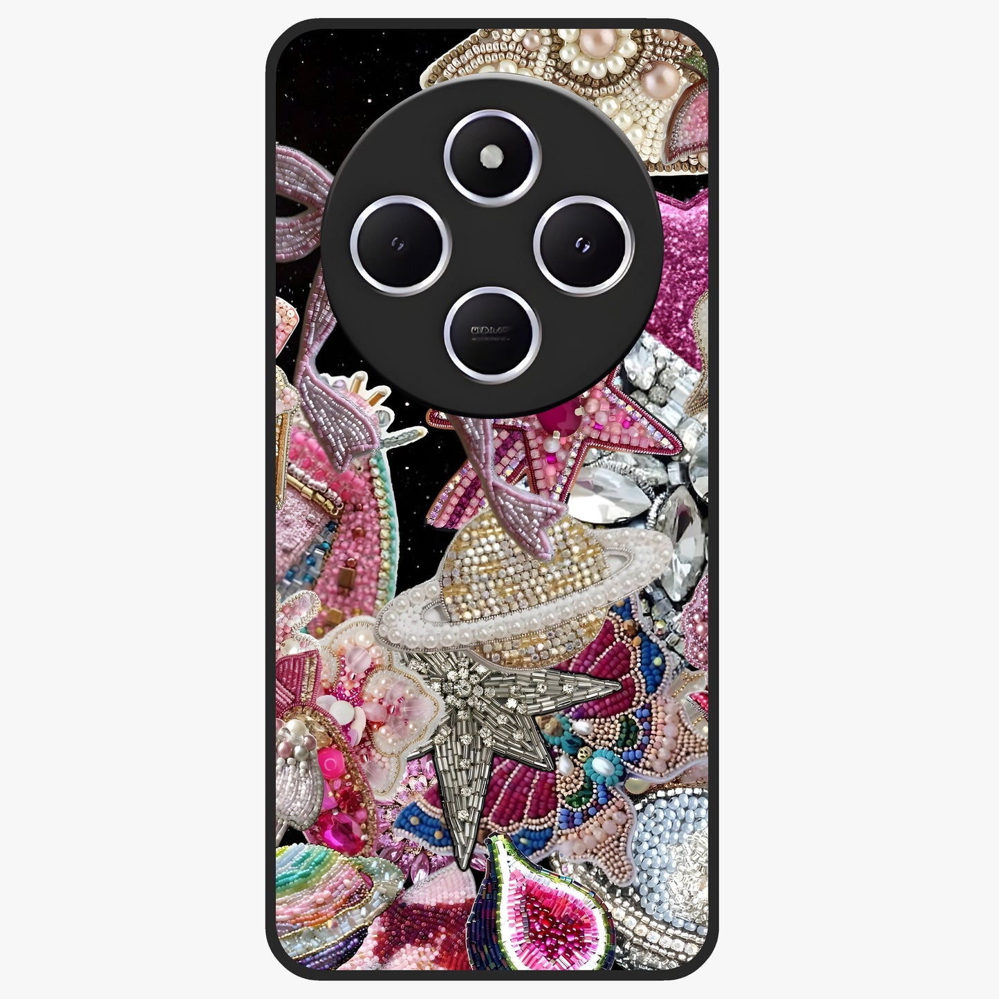 Starlit Jewel Dream Glass Case showing flat back view with sparkling jewel and star themed artwork and glossy glass finish.