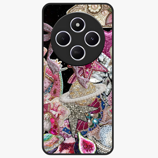 Starlit Jewel Dream Glass Case showing flat back view with sparkling jewel and star themed artwork and glossy glass finish.