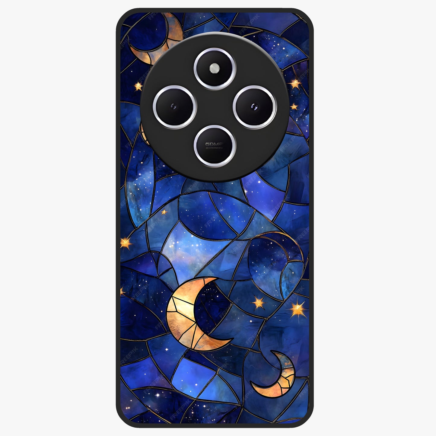 Starlit Sky Tapestry Glass Case showing flat back view with decorative starry sky tapestry artwork and glossy glass finish.