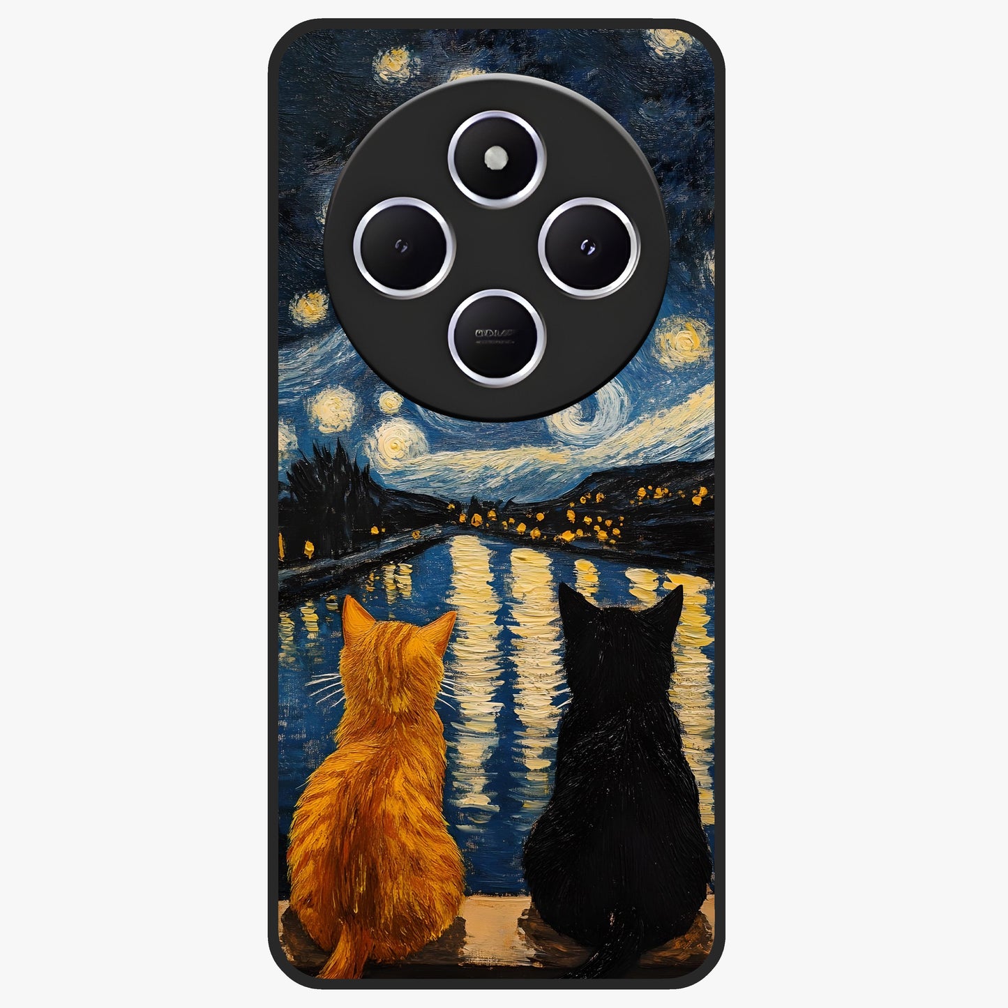 Starry River Cats Glass Case showing flat back view with cats by a starry river artwork and glossy glass finish.
