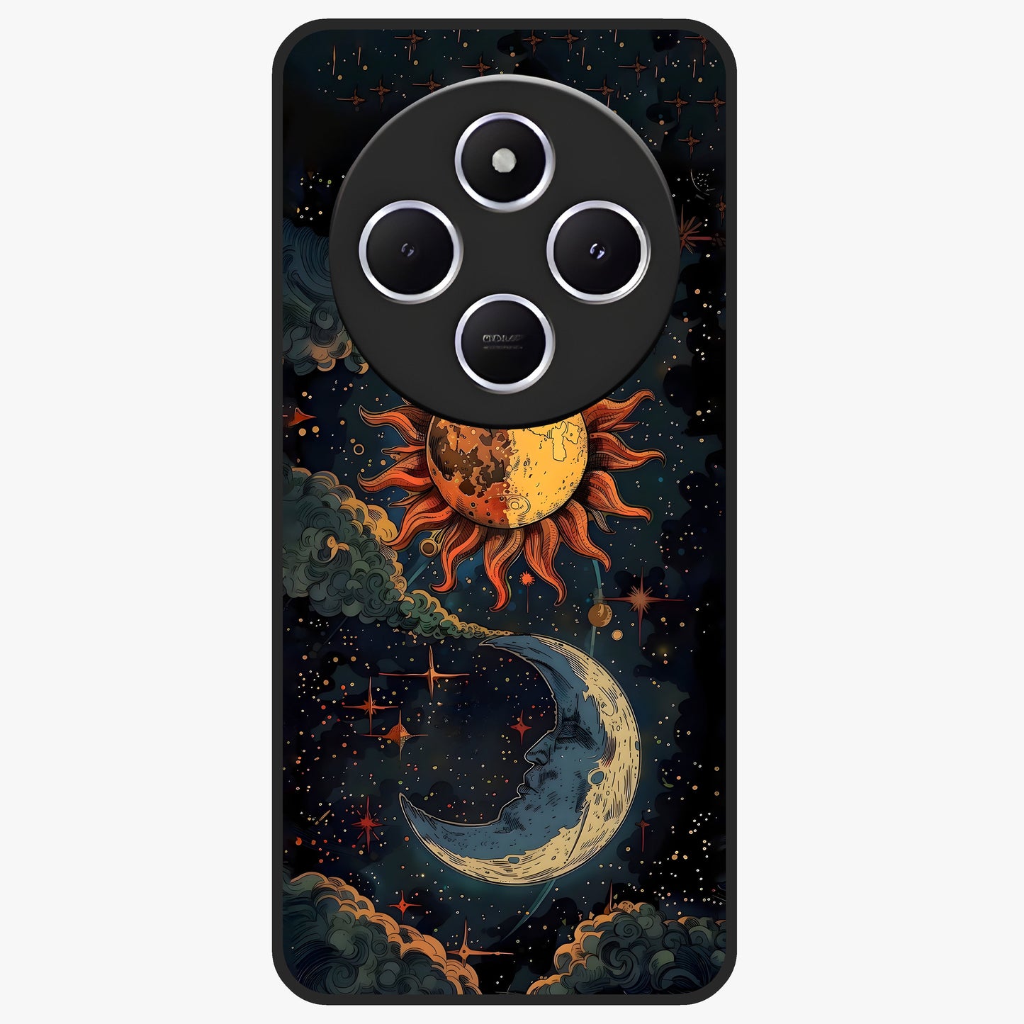 Sun And Moon Magic Design Glass Case showing flat back view with mystical sun and moon artwork and glossy glass finish.