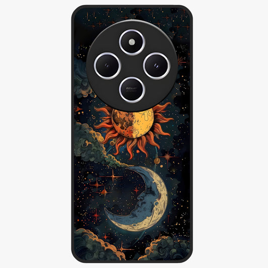 Sun And Moon Magic Design Glass Case showing flat back view with mystical sun and moon artwork and glossy glass finish.