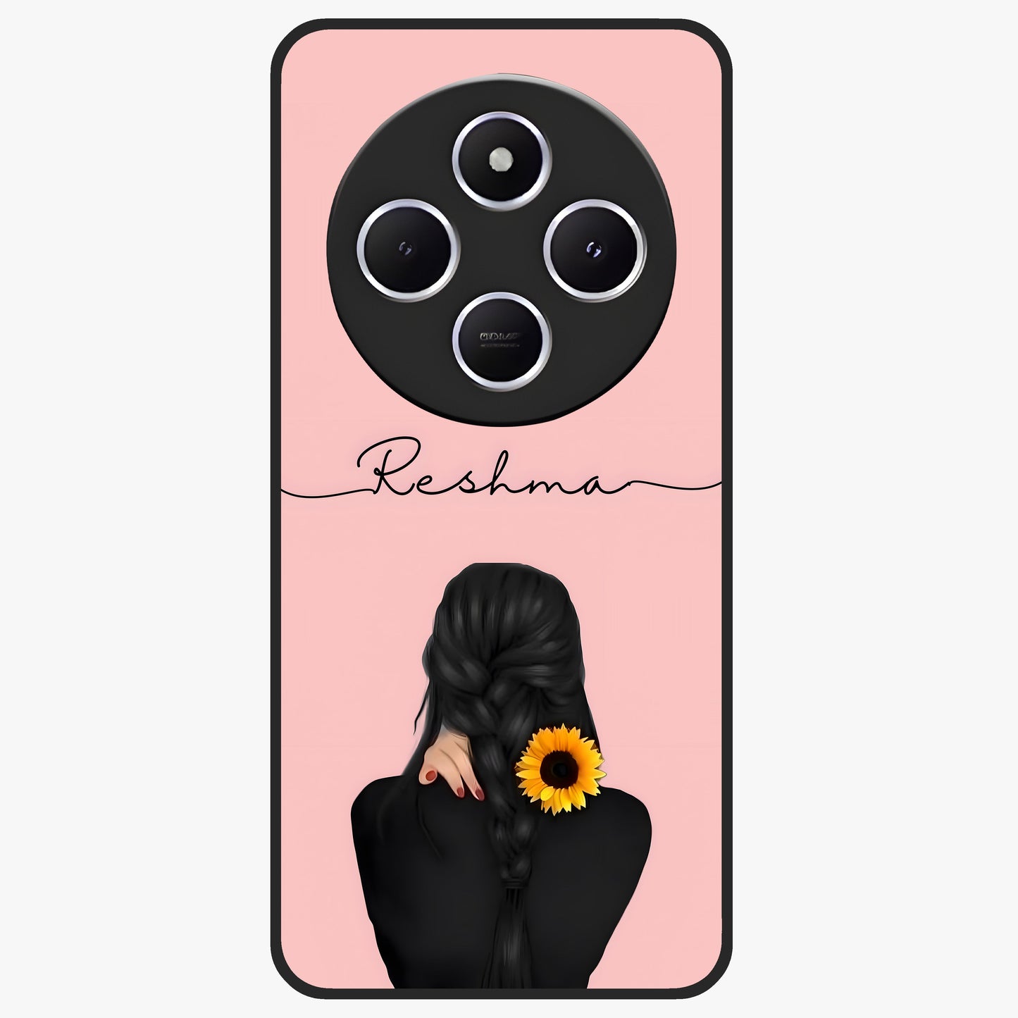 Sunflower Braid Beauty With Custom Name Glass Case showing flat back view with sunflower braid artwork and personalized name design.