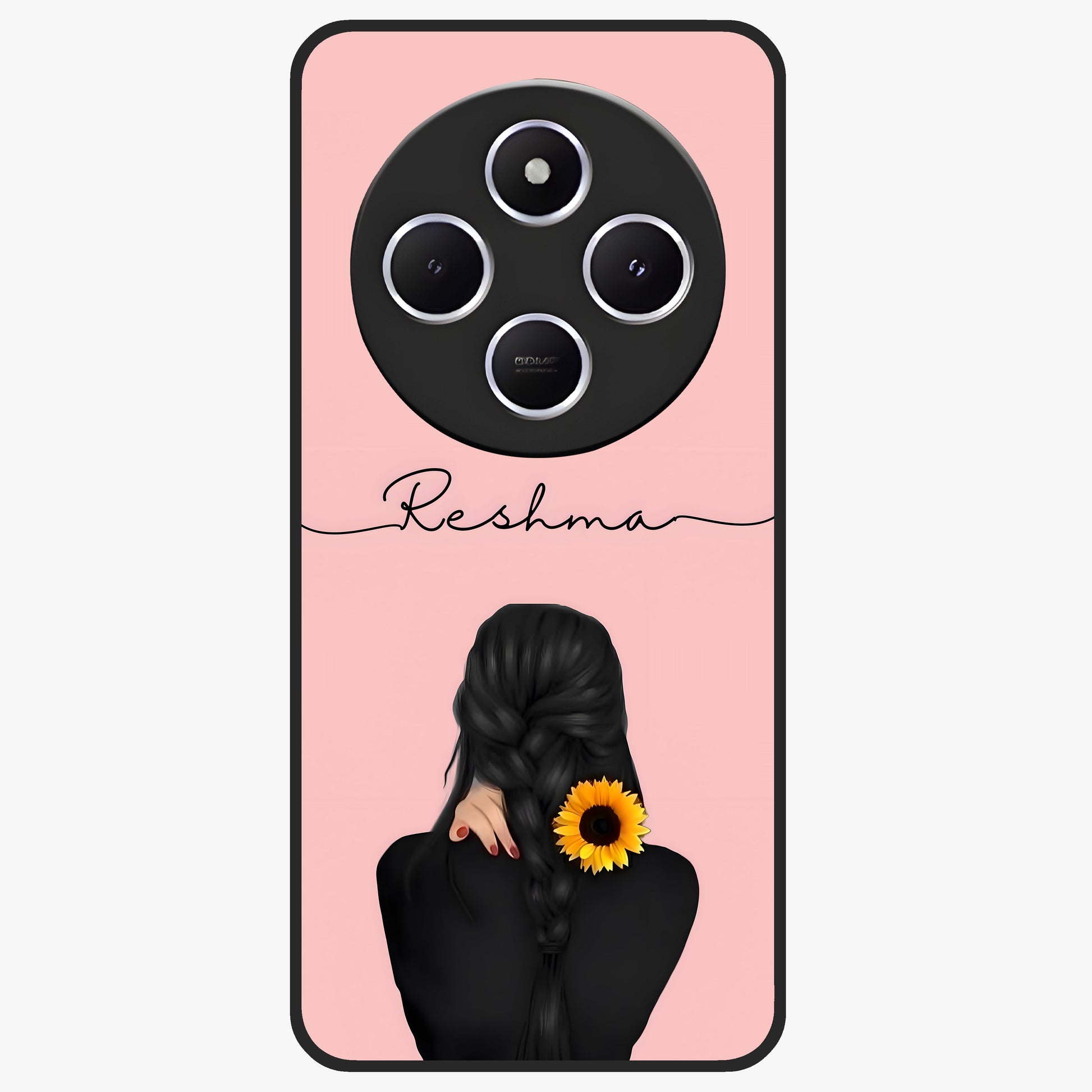 Sunflower Braid Beauty With Custom Name Glass Case showing flat back view with sunflower braid artwork and personalized name design.