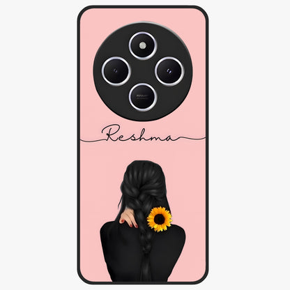 Sunflower Braid Beauty With Custom Name Glass Case showing flat back view with sunflower braid artwork and personalized name design.