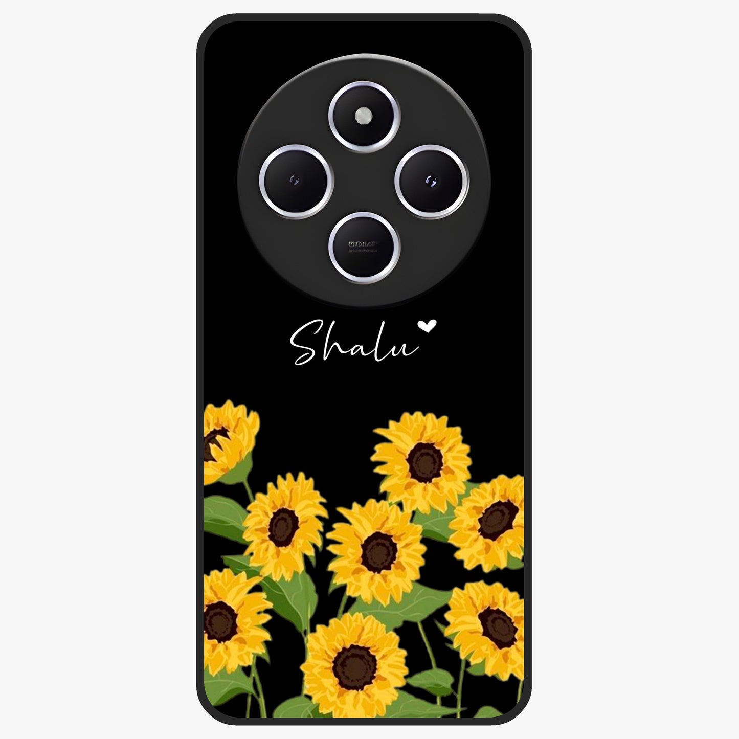 Sunflower Chic Mood Custom Name Glass Case showing flat back view with stylish sunflower artwork and personalized name design.