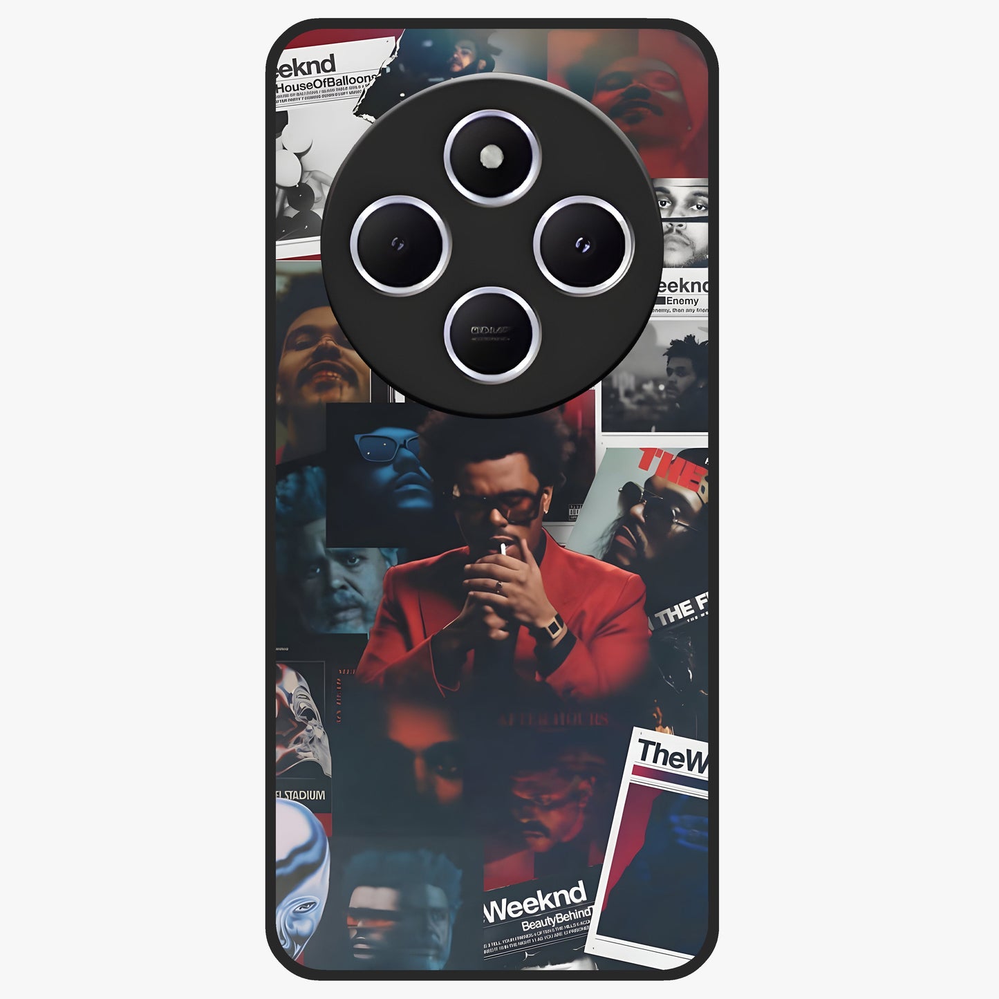 The Weeknd Glass Case showing flat back view with music inspired artistic portrait artwork and glossy glass finish.