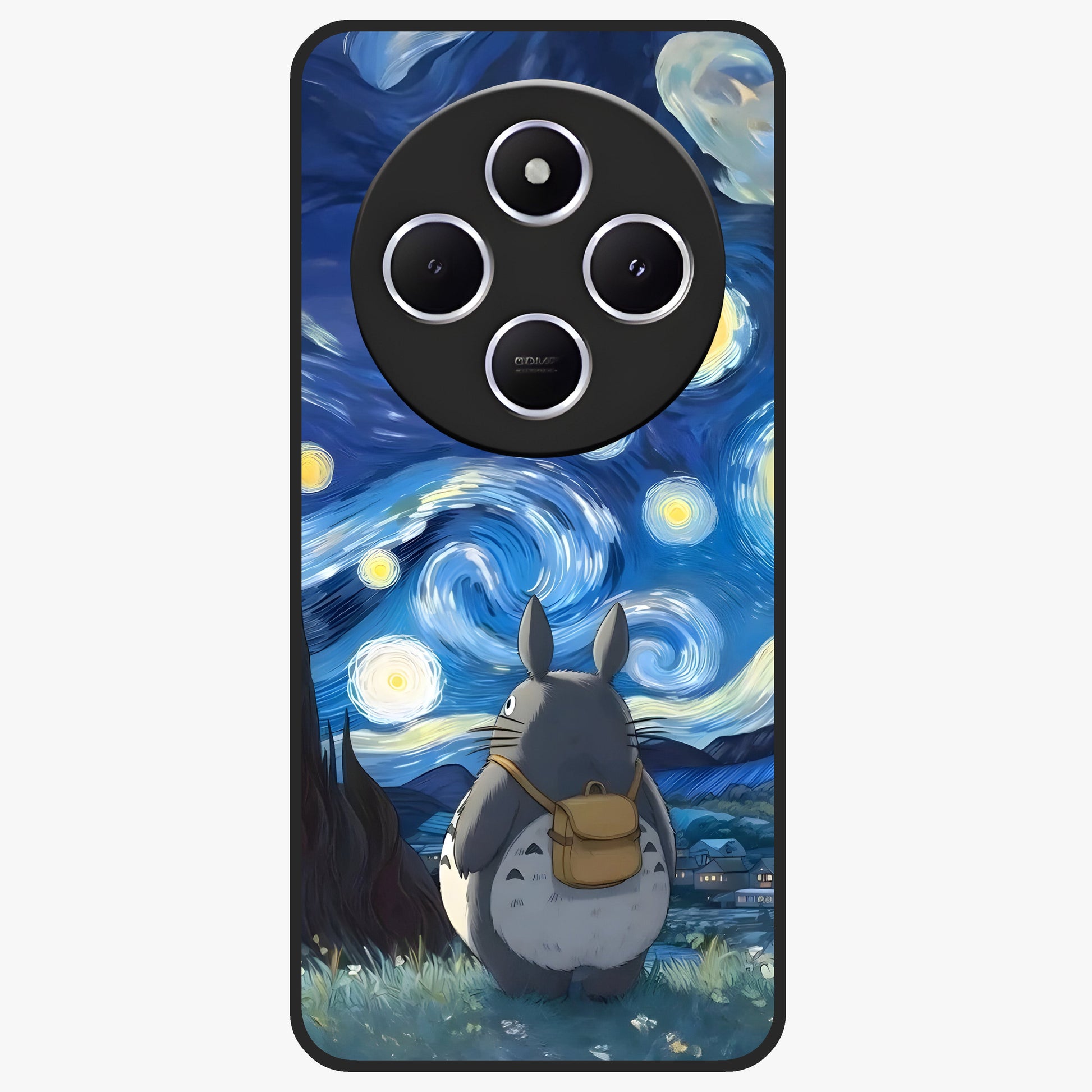 Totoro In Van Gogh Art Glass Case showing flat back view with whimsical character artwork inspired by Van Gogh style and glossy glass finish.