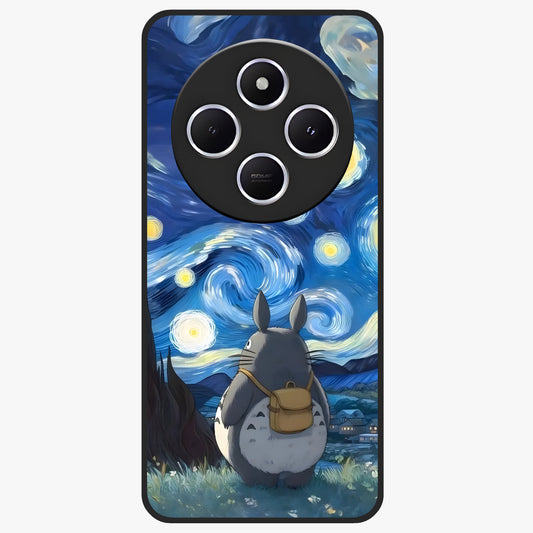 Totoro In Van Gogh Art Glass Case showing flat back view with whimsical character artwork inspired by Van Gogh style and glossy glass finish.