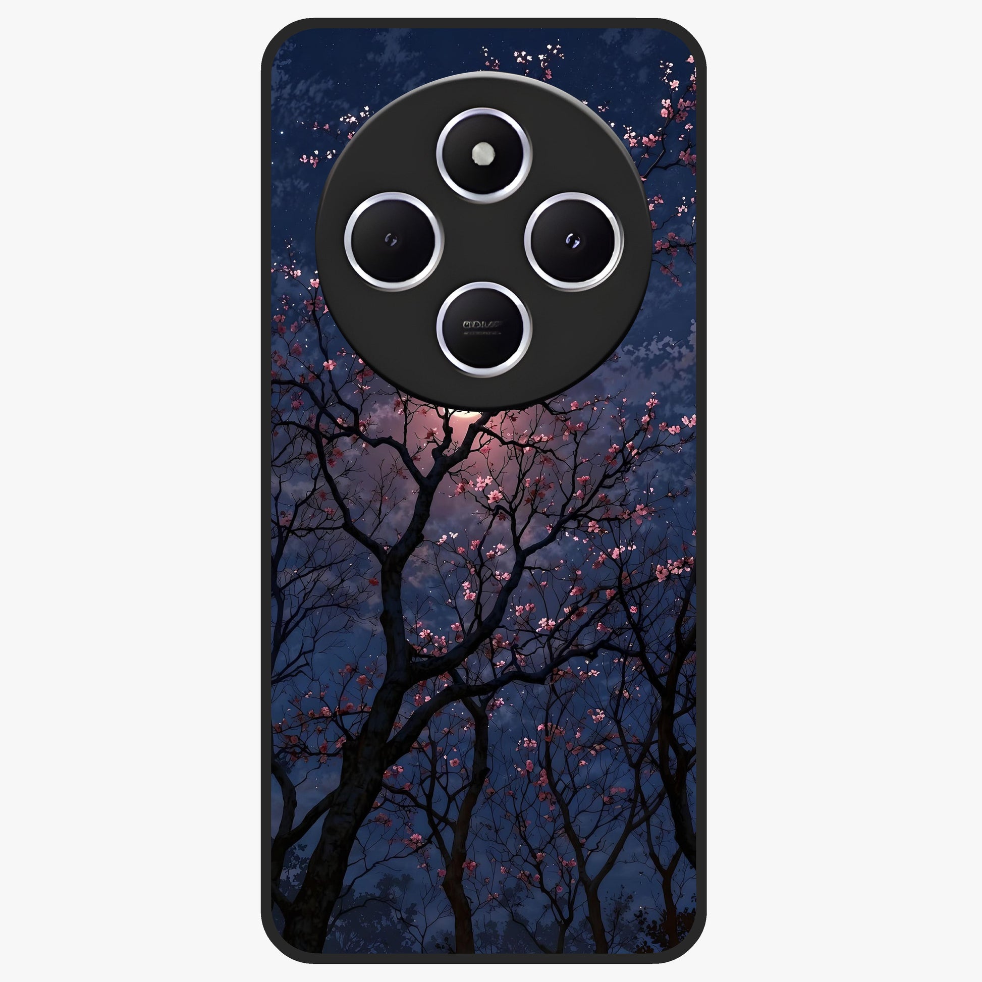 Twilight Sakura Serenade Glass Case showing flat back view with cherry blossom artwork at twilight and glossy glass finish.