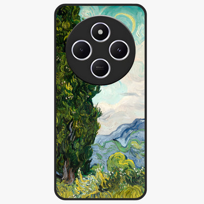 Van Gogh Vintage Art Glass Case showing flat back view with vintage painterly artwork inspired by Van Gogh style and glossy glass finish.
