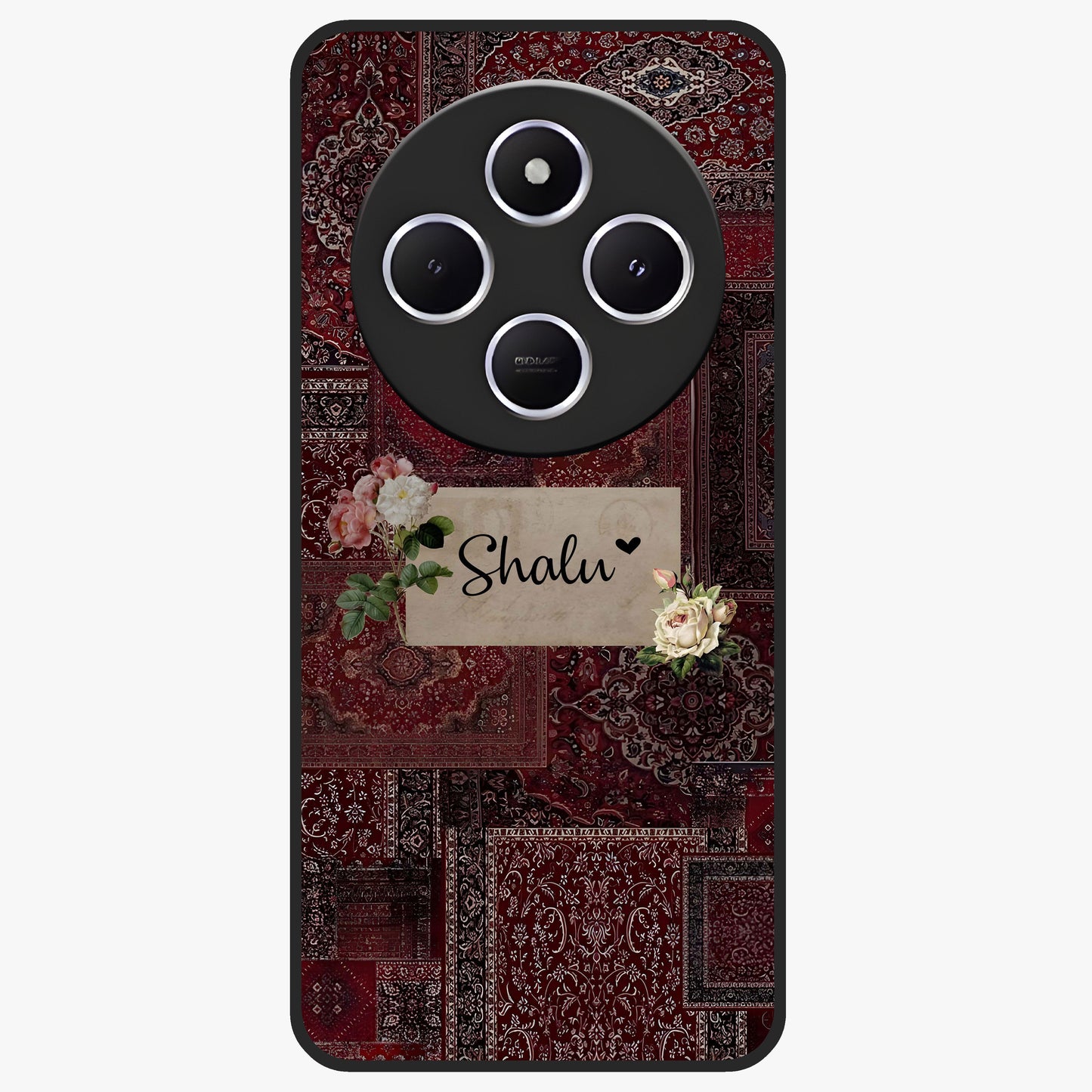 Velvet Wine Pattern Custom Name Glass Case showing flat back view with elegant wine colored pattern artwork and personalized name design.