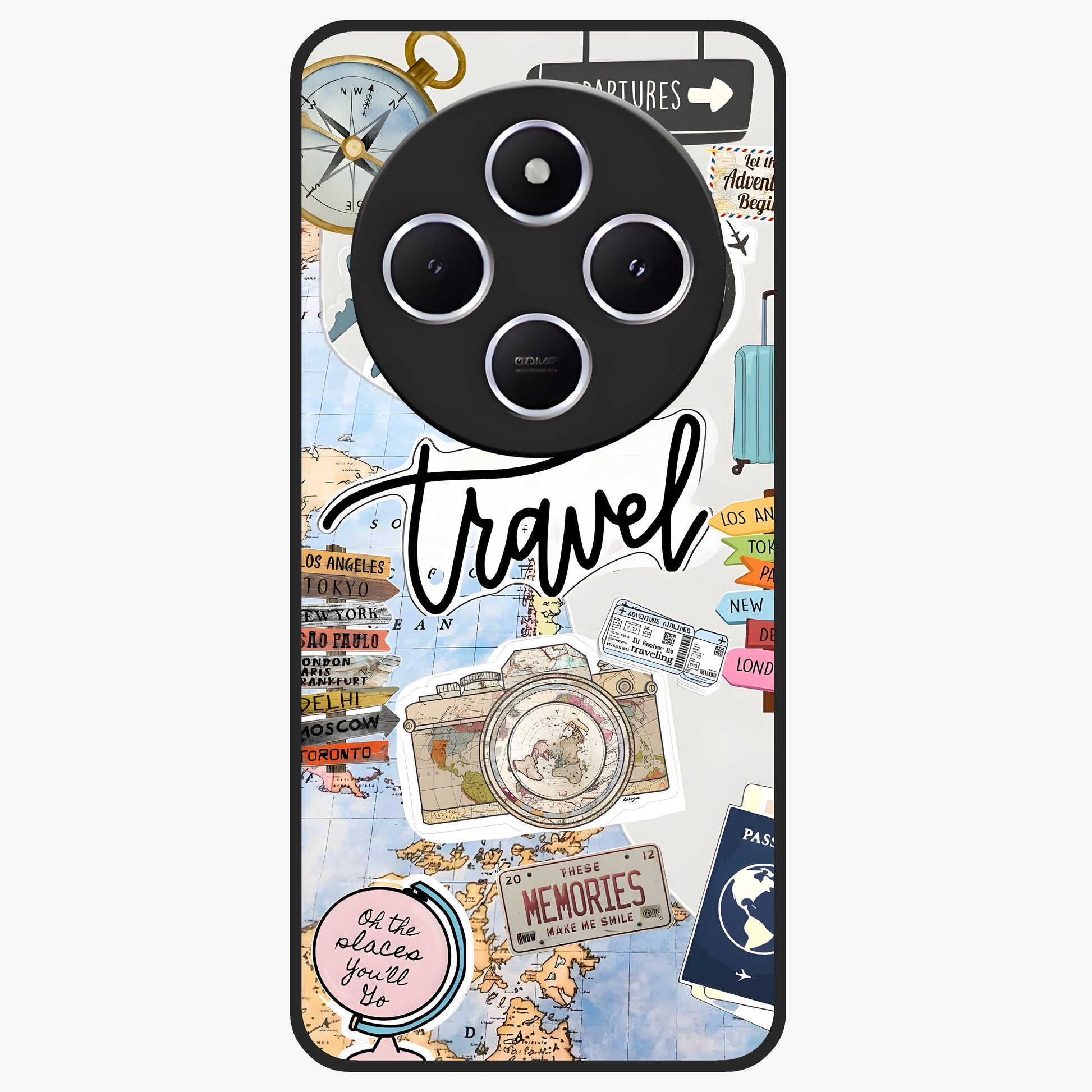Wanderlust Journal Glass Case showing flat back view with travel inspired artwork and glossy glass finish.