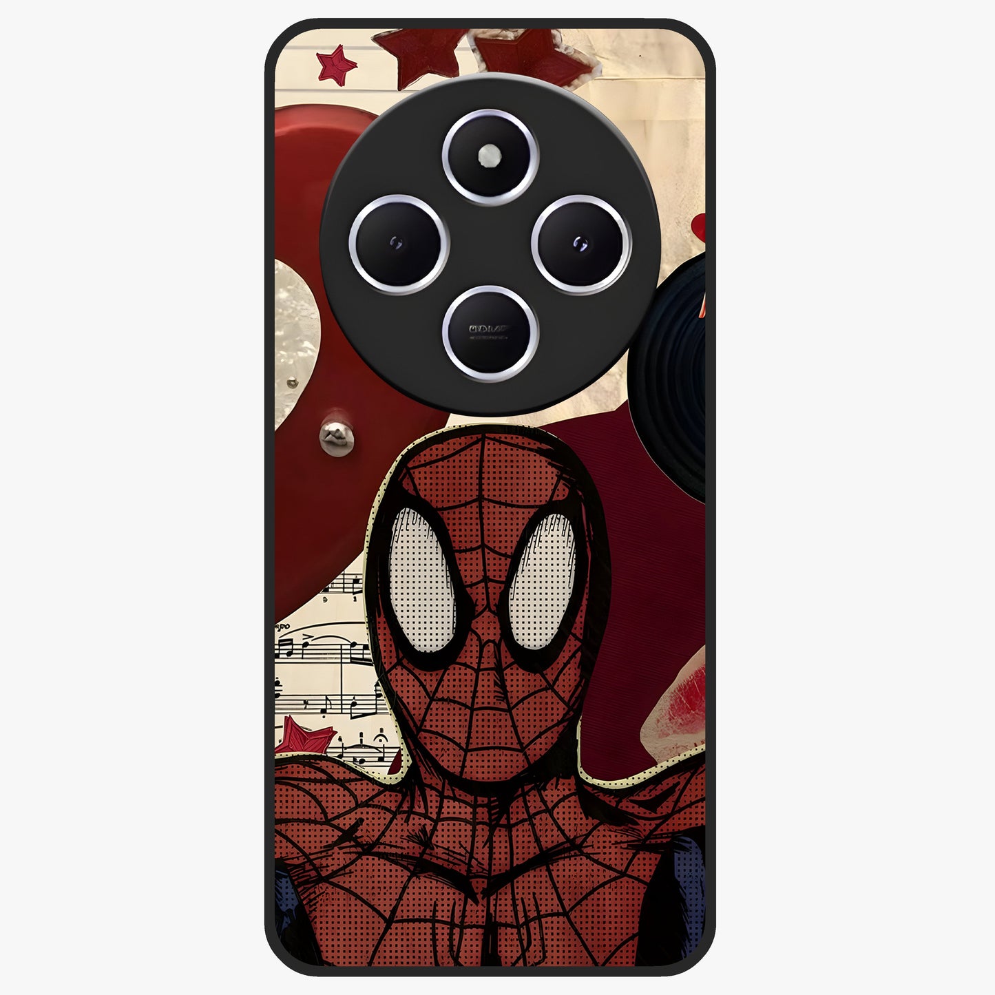 Web Warrior Vibes Glass Case showing flat back view with superhero inspired web themed artwork and glossy glass finish.