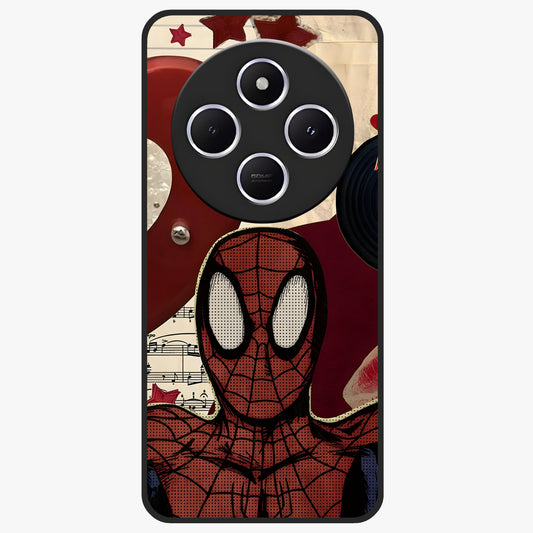 Web Warrior Vibes Glass Case showing flat back view with superhero inspired web themed artwork and glossy glass finish.