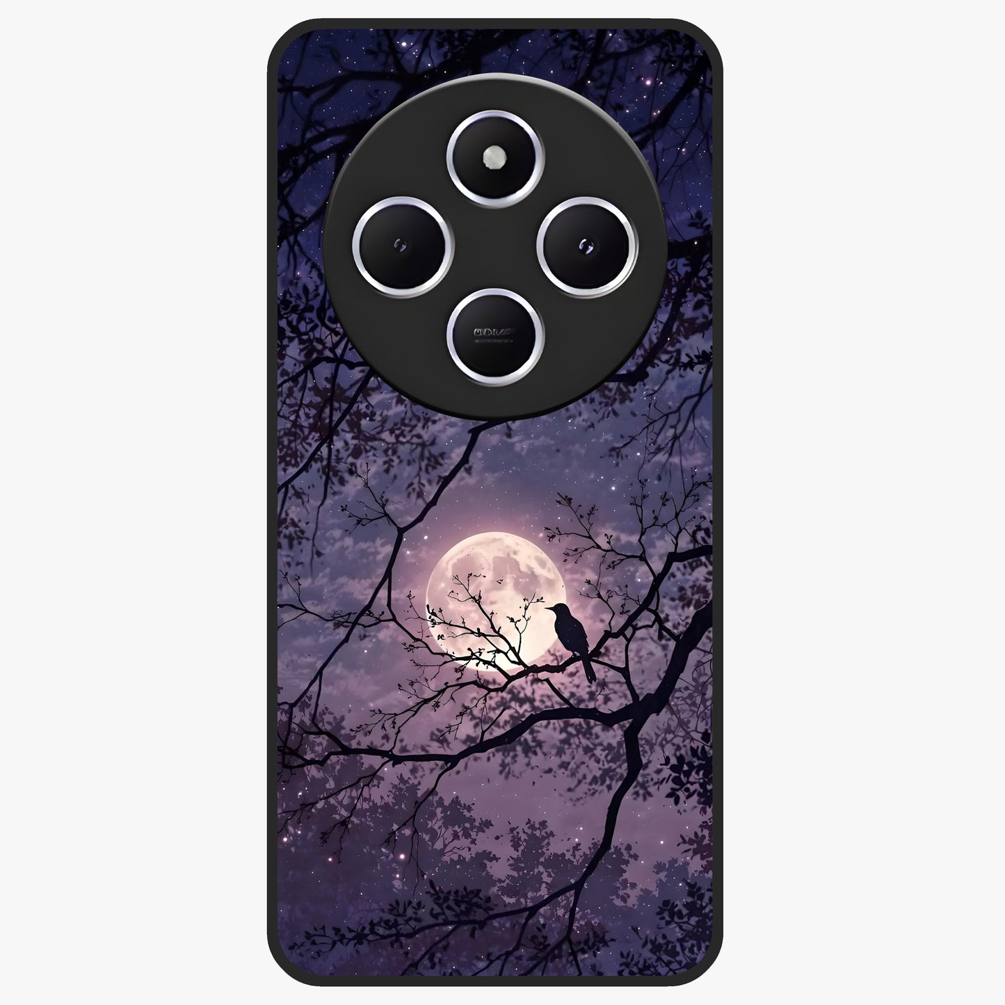 Whispering Moon Silence Glass Case showing flat back view with serene moon themed artwork and glossy glass finish.