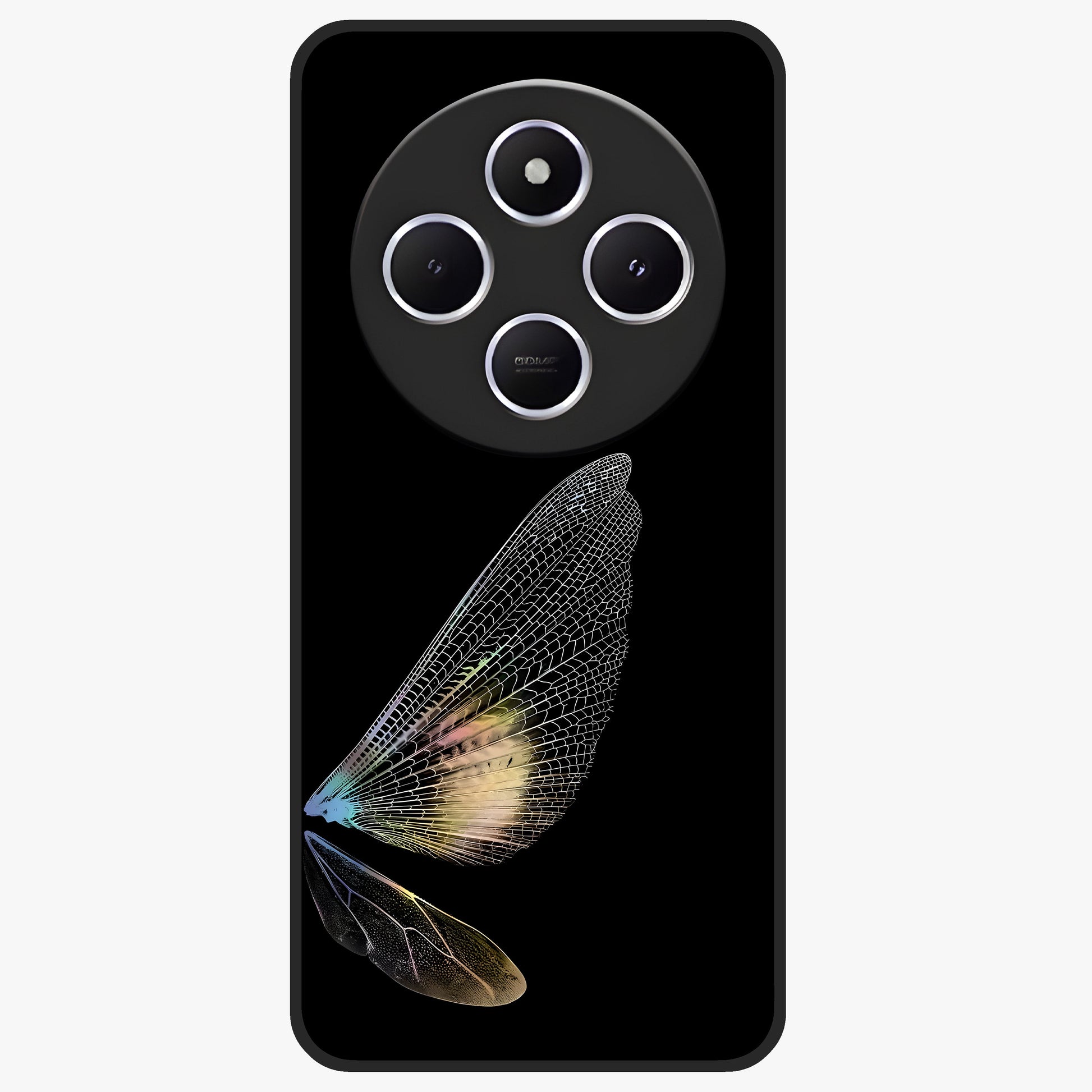 Whispers Of Wings Glass Case showing flat back view with graceful wing inspired artwork and glossy glass finish.